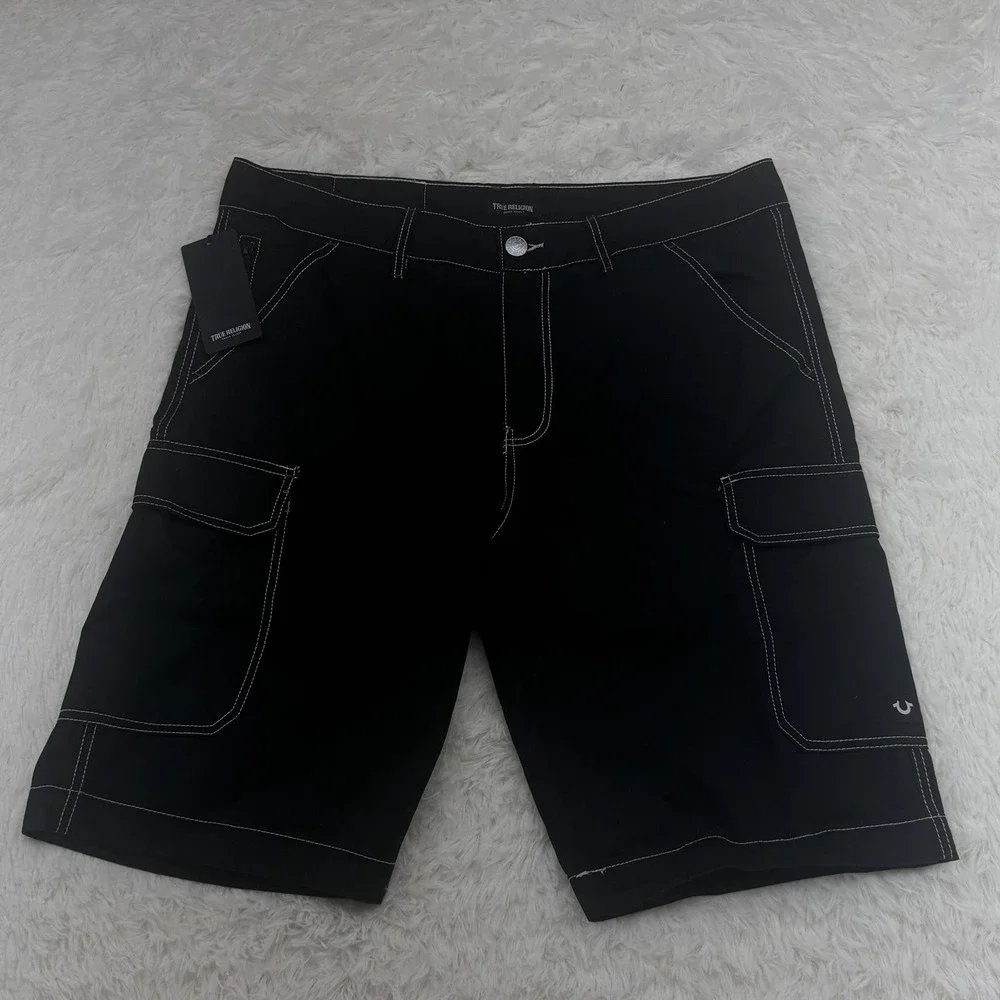 True Religion Cargo Shorts Mens 36 Black Board Shorts Flap Pocket 108056R7 NWT